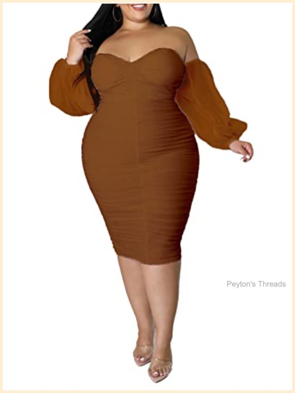 Plus Size Off Shoulder Mesh Long Sleeve Ruched Bodycon Midi Dress